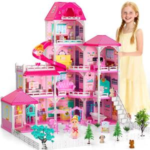 lot 19858 image: 4-Story DIY Princess Dollhouse with Furniture & Slide for Girls 3-8 - Retail $76