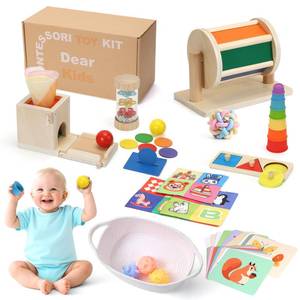 lot 19891 image: Child-Safe Montessori Educational Sensory Toy Set for Babies and Toddlers 6-12 Months - Must-Have for Early Development - 10 in 1 Wooden Learning Toy kit with Object Permanence Box, Stacking Cups etc - Retail $60