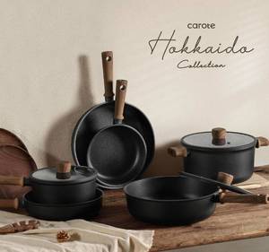 lot 19895 image: CAROTE  Nonstick Cookware Sets, Pots and Pans SetTitanium Infused, Ultra Durable, Fast & Even Heating, Easy Clean, All-Stovetop Compatible - Retail $125