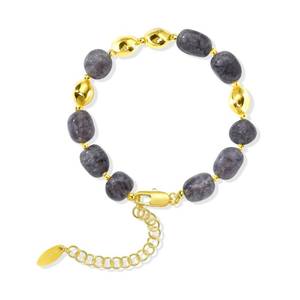 lot 19958 image: NVWAROCK Beaded Bracelet for Women, Gemstone Bracelet, 14K Gold Plated Stackable Handmade Oval Stone Bracelet Jewelry Gift - Grey - Retail $14
