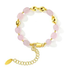 lot 19960 image: NVWAROCK Beaded Bracelet for Women, Gemstone Bracelet, 14K Gold Plated Stackable Handmade Oval Stone Bracelet Jewelry Gift - Pink - Retail $14