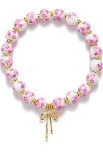 lot 19975 image: Beaded Bracelets for Women,Bow Charm Blue Flower Gold Plated Jewelry Women 2 pack - Retail $16