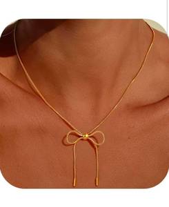 lot 19977 image: Gold Bow Necklace for Women - 18K Gold Plated Dainty Gold Necklace Cute Small Tiny Bow Pendant Choker Chain Necklaces Trendy Necklaces for Women Gold Jewelry Gift - Retail $16