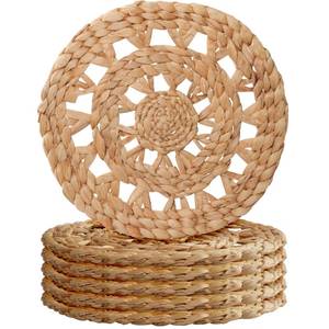 lot 19982 image: MIXUMON Woven Placemats Round, Natural Water Hyacinth Wicker Placemat for Dining Table, Large Handmade Woven Placemats Heat Resistant Non-Slip (12 - Set of 6) - Retail $45