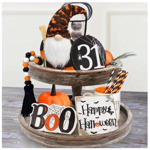 lot 19998 image: Halloween Decor - Halloween Decorations - BOO Happy Halloween Wooden Signs - Cute Gnomes Plush and Bead Garland - Farmhouse Rustic Tiered Tray Decor Items for Home Table House Room