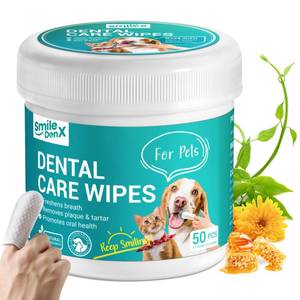 lot 20033 image: SmileDenX Teeth Cleaning Wipes for Dogs & Cats, Dog Finger Toothbrush Wipes, Dog Dental Care Finger Wipes, Dog Tooth Brushing Kit, Remove Plaque & Tartar Buildup, Fresh Breath (50 PCS, Unscented) - Retail $18