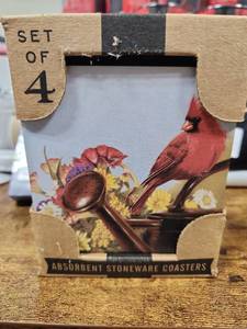 lot 20043 image: Set Of 4 cardinal Square Stone Coasters Wcork Back By Carson - Retail $26