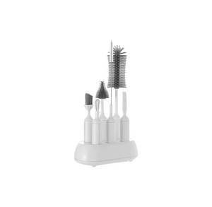 lot 20050 image: Theodate Pierre Baby Bottle Brush Set, Silicone, White and Gray, 6 Piece, Base Supprt, for Bottles, Nipple, Straws, and Caps,