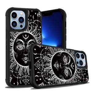 lot 20055 image: for iPhone 13 Pro Max Case, Shockproof Heavy Duty Hard PlasticSoft Silicone Bumper Hybrid Protective Case for iPhone 13 Pro Max (2021) 6.7 inch, Celestial Sun and Moon Boho Mystic Tribal Drawing - Retail $16