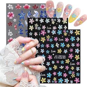 lot 20064 image: 5D Embossed Flower Nail Stickers for Nails Art Self-Adhesive Nail Decals Blue Pink Colorful Flowers Designs Spring Summer Floral Nails Art Supplies for Women Manicure Decor Accessories, 4Pcs