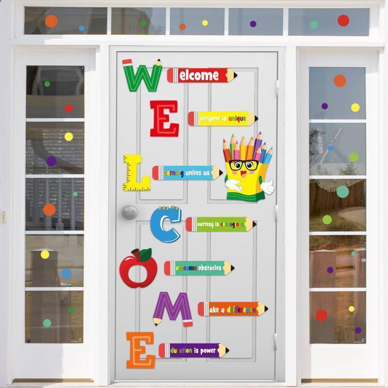 lot 14517 image: Welcome Window Door Clings Stickers, Welcome Poster for Classrooms Door Decorations Back to School Party Teachers Supplies for Preschool Kindergarten Elementary Wall Glass Blackboard Decor - Retail $13