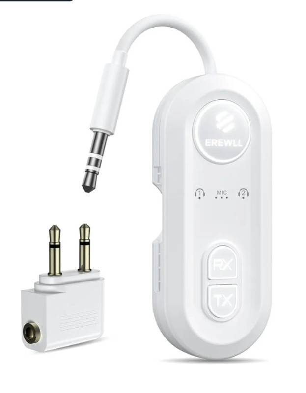 lot 46054 image: Bluetooth 5.4 Transmitter Receiver, Airplane Bluetooth Adapter with Qualcomm aptX Adaptive, Supports 2 AirPodsHeadphones, Wireless Audio Transmitter for TV, Travel, Car & Gym, Cable Storage - Retail $20