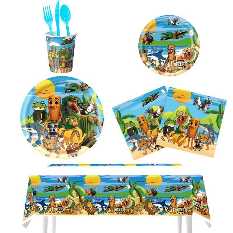 lot 55405 image: Italian Brainrot Birthday Decorations Supplies Tablecloth Plates Cups Napkins Forks Spoons Knives - Retail $17