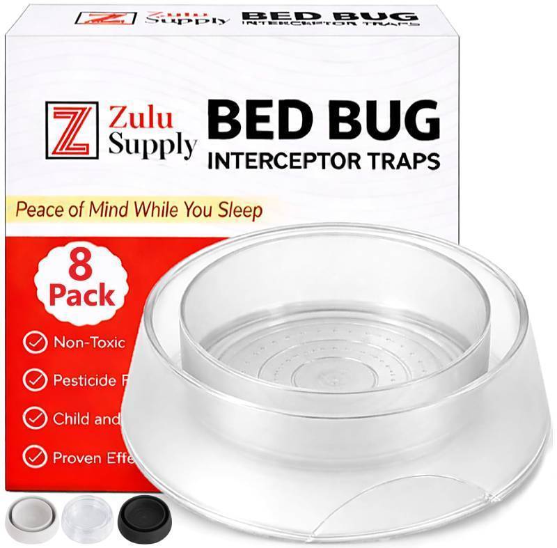 lot 56578 image: Bed Bug Interceptor Traps Clear 8-Pack Passive Monitor & Detection Trap Universal Fit for Bed & Furniture Legs Reusable Non-Climbable Wall Pest Control Protection (Clear 8-Pack) - Retail $25
