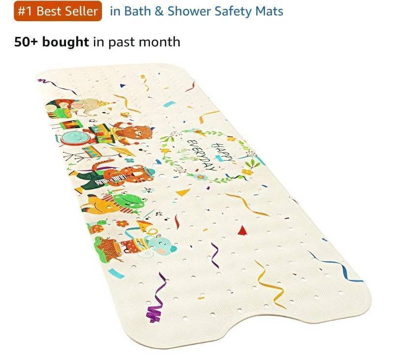 lot 53575 image: Bath and Shower Safety Mats 40x16 inch, Non Slip with Suction Cups for Bathroom Stall and Tub Floor, Extra Large and Machine Washable, Drain Holes Keep Bathtub Clean, Colored Animals.