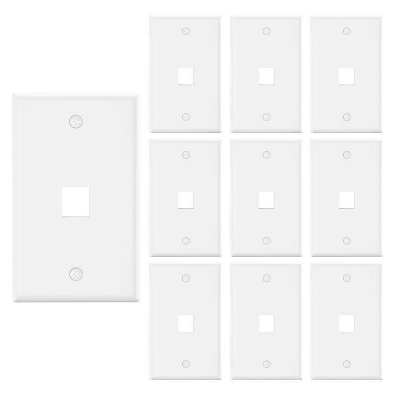 lot 25848 image: 1 Port Keystone Wall Plate UL Listed (10 Pack), Single Gang Wall Plates for RJ45 Keystone Jack and Modular Inserts, White - Retail $10