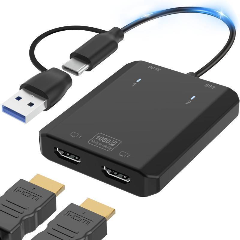 lot 14401 image: USB to HDMI Adapter 1080P Full HD HDMI Splitter for Dual Monitors USB 3.0 to Extended Display Converter 1 in 2 Out Multiple Screen Extender for MacOSWindows 111087 Laptops - Retail $28