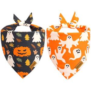 lot 18073 image: Halloween Dog Bandanas - 2 Pack Fall Dog Bibs  Reversible Pumpkin and Ghost Pet Scarf for Boys and Girls  Premium Durable Fabric  Orange Dog Bandana for Small and Medium Dogs (Small) - Retail $13