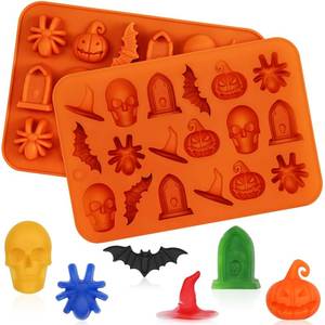 lot 18078 image: 2 Pack Halloween Silicone Molds, Halloween Chocolate Molds, 3D Spider Skull Pumpkin Bat Mold for DIY Gummies Jello Ice Cube Jelly Chocolate Candy Cakes Decorations (Orange) - Retail $6