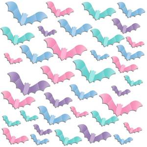 lot 18080 image: 64 Pcs Pastel Halloween 3D Bats Wall Decor 4 Different Sizes Pastel Reusable PVC Scary Bat Stickers for Home Door Window Party Decorations - Retail $13