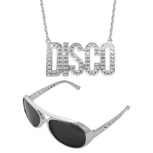 lot 18091 image: 2pcs 50s 60s 70s Disco Rock Star Accessories for Men Glasses Necklace for Adult Hippies Stage Performances Halloween (Sliver) - Retail $8