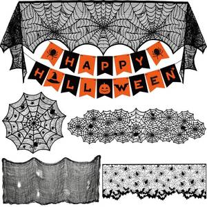 lot 18096 image: 38PCS Table Decorations for Indoor, Mantel Scarf, Table Runner, Table Cover, Banner, 3D Bats, Lampshade & Creepy Cloth for Party Decor - Retail $22