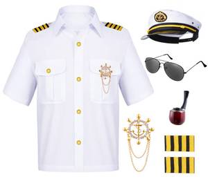 lot 18097 image: Kids Yacht Captain Sailor Costume for Boys Shirt Hat Accessories 6 Pcs Set Party Cosplay 11-12 Years White (missing pieces) stain on hat - Retail $24