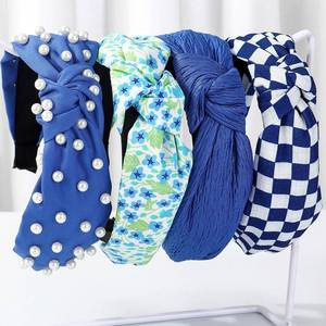 lot 18106 image: Blue Headbands for Women Girls Knotted Headband Non Slip Fashion Wide Knot Pearl Checked Floral Hairbands Cute Head Bands for Womens Hair Accessories for Everyday Styling Workouts Skincare(missing pieces) - Retail $10