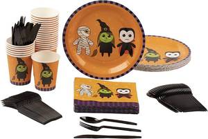 lot 18107 image: Halloween Plate Set - 144 Piece Set, Serves 24, Glossy Paper, Mummy Witch & Vampire Styles - Includes Cups & Plates, Paper Napkins & Plastic Cutlery for Halloween Decor & Party Supplies - Retail $17