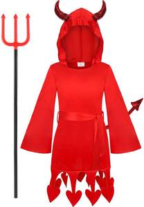 lot 18110 image: Devil Costume for Girls Halloween Party Dress Up, with Devil Pitchfork Prop (7-9 Years). Hood Needs Fixing - Retail $34