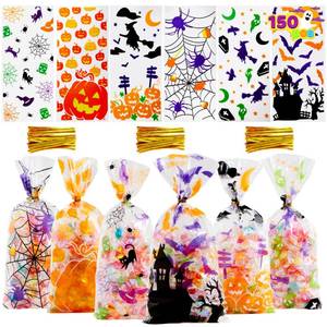 lot 18111 image: 150 PCS Halloween Cellophane Candy Bags, Clear Treat Bags with Twist Ties, Halloween Trick or Treating Goodie Bag, Non Candy Cookie Bag Bulk for Kids Classroom Party Favors Supplies in 6 Design - Retail $10