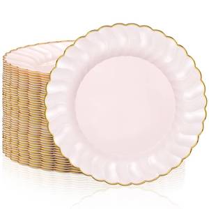 lot 18116 image: 50 Pcs Plastic Plates with Gold Trim 6 Small Round Disposable Vintage Dessert Plates for Party Birthday Buffet Wedding Catering Celebration Reception (Pink) - Retail $23