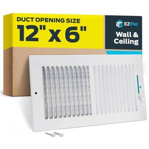 lot 18118 image: EZ-FLO 12 x 6 Inch (Duct Opening) Air Vent Cover for Wall or Ceiling, Two-Way Ventilation Register, Solid Steel HVAC Register Cover, White, 61612 - Retail $7