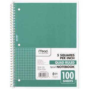 lot 18121 image: Mead Spiral Notebook, 1 Subject, Graph Ruled Paper, 7-12 x 10-12, 100 Sheets, Green (05676AC5) - Retail $5
