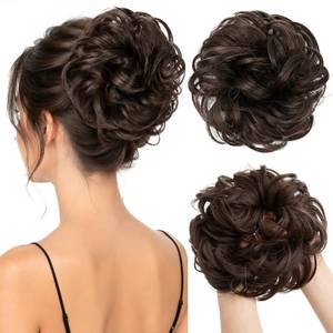 lot 18155 image: Large Messy Bun Hair Piece Wavy Curly Scrunchies Synthetic Chignon Ponytail Hair Extensions Thick Updo Hairpieces for Women Dark Brown - Retail $10
