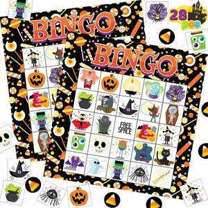 lot 18162 image: 28 Players Halloween Bingo Cards Set, Halloween Bingo Game for School Classroom Family Group Activities, Halloween Party Supplies Adults Kids Indoor Board Games - Retail $7