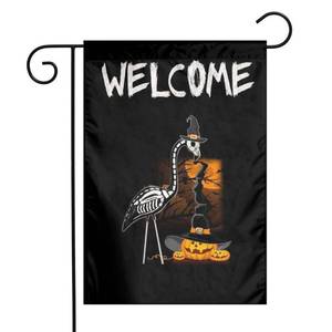 lot 18165 image: Halloween Witch Flamingo Pumpkin Skeleton Burlap Garden Porch Lawn Flag Farmhouse Decorations Mailbox Decor Welcome Sign 12x18 Inch Small Mini Size Double Sided Flax Nylon Linen Fabric - Retail $11