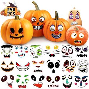 lot 18166 image: 256 PCS Pumpkin Decorating Stickers - Halloween Pumpkin Face Stickers for Toddlers & Kids, Halloween Decorating Kit, Game & Activities Party Favors - Retail $8