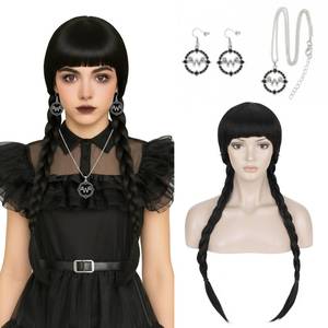 lot 18183 image: Long Black Braided Wig With Bangs Wed, Black Wig for Party Costume Halloween Cosplays, Halloween costumes for Women (messy hair) - Retail $10