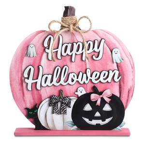 lot 18189 image: Halloween Decoration Wooden Pink Pumpkin Sign Scary Pumpkin Table Decor 11 Inch Wooden Happy Halloween Desktop Ornament for Farmhouse Home Living Room Holiday Decor(Wash Pink, Scary) - Retail $14