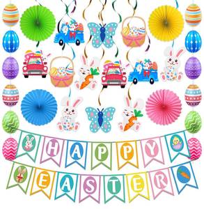 lot 18211 image: 32Pcs Easter Decorations Easter Decor Happy Easter Banner Egg Bunny Garland Hanging Swirl for Home Office School Classroom Themed Party Decorations - Retail $4