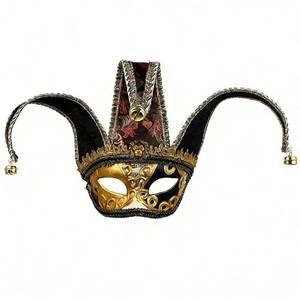 lot 18240 image: Venetian Jester Mask Masquerade Vintage Half Face Masks for Mardi Gras Halloween Cosplay Musical Party, Black ( 1 bell fell off) need sewing  - Retail $20
