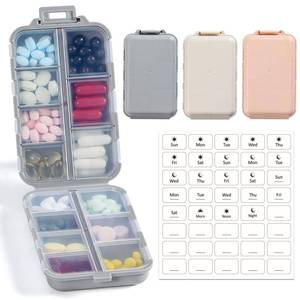 lot 18250 image: 14 Grids Pill Organizer Box with Labels, Travel Medication Holder Dispenser Case Kit, Pocket Daily Pharmacy Container for Fish Oil Vitamin Supplement Storage, Khaki Pink Grey, 2 Pack - Retail $7