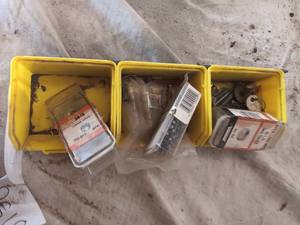 lot 36197 image: 3 yellow storage bins with various hand tool peices