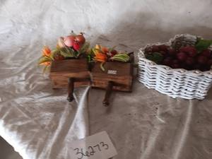 lot 36273 image: Heart Shaped Wicker Basket with Artificial fruit, and two wooden wall decorations with artificial miniature fruits and veggies