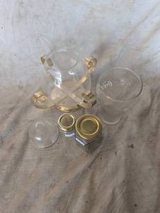 lot 36116 image: Vintage clear glass and gold-tone metal scroll centerpiece candle holder