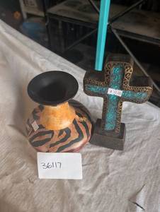 lot 36117 image: Southwestern Texas turquoise cross, Cedar mesa pottery vase orange and black tiger stripe