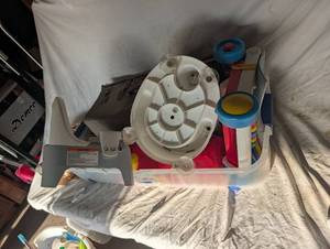 lot 36129 image: Baby Foldable bed, baby eating chair, Fisher Price toy