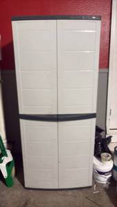 lot 52334 image: White Plastic Storage Cabinet with Black Top and Curved Base Two-Door