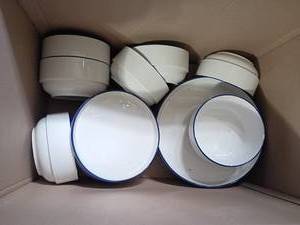 lot 52435 image: Enamelware Dishes and Bowls Set White Blue Trim